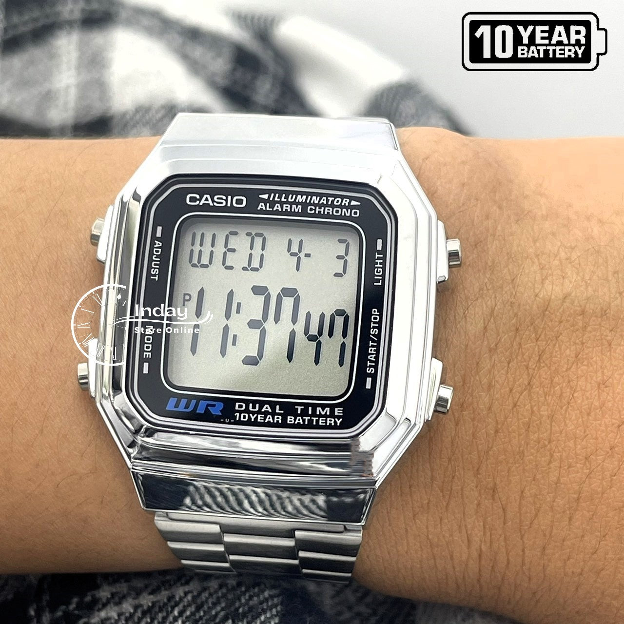 Casio Vintage Unisex Watch A178WA-1A Resin Glass Adjustable Clasp Stainless Steel Band Battery Life 10-Years