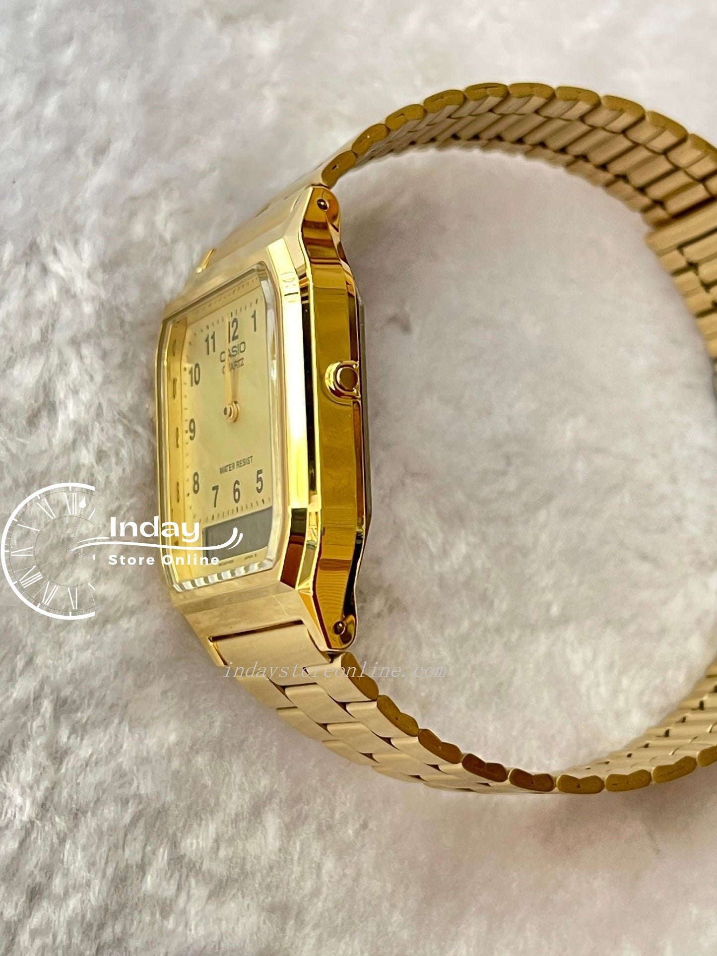 Casio Vintage Unisex Watch AQ-230GA-9B Gold Plated Stainless Steel Self-adjustable Band