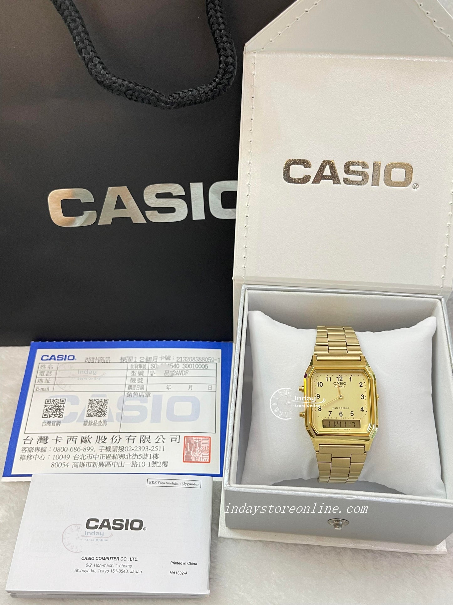 Casio Vintage Unisex Watch AQ-230GA-9B Gold Plated Stainless Steel Self-adjustable Band