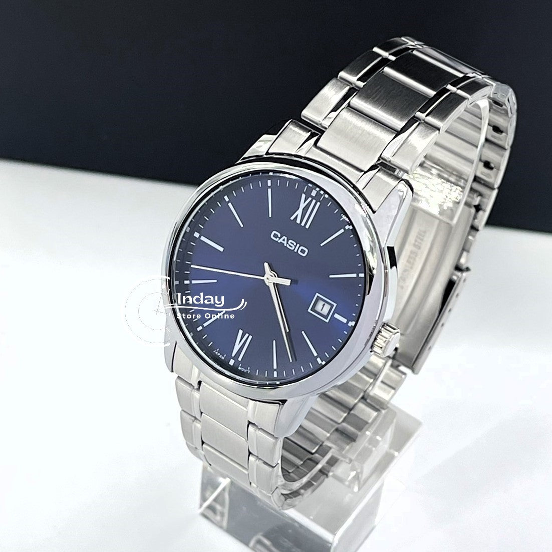 Casio Standard Men's Watch MTP-V002D-2B3 Analog Stainless Steel Band Triple-fold Clasp Mineral Glass