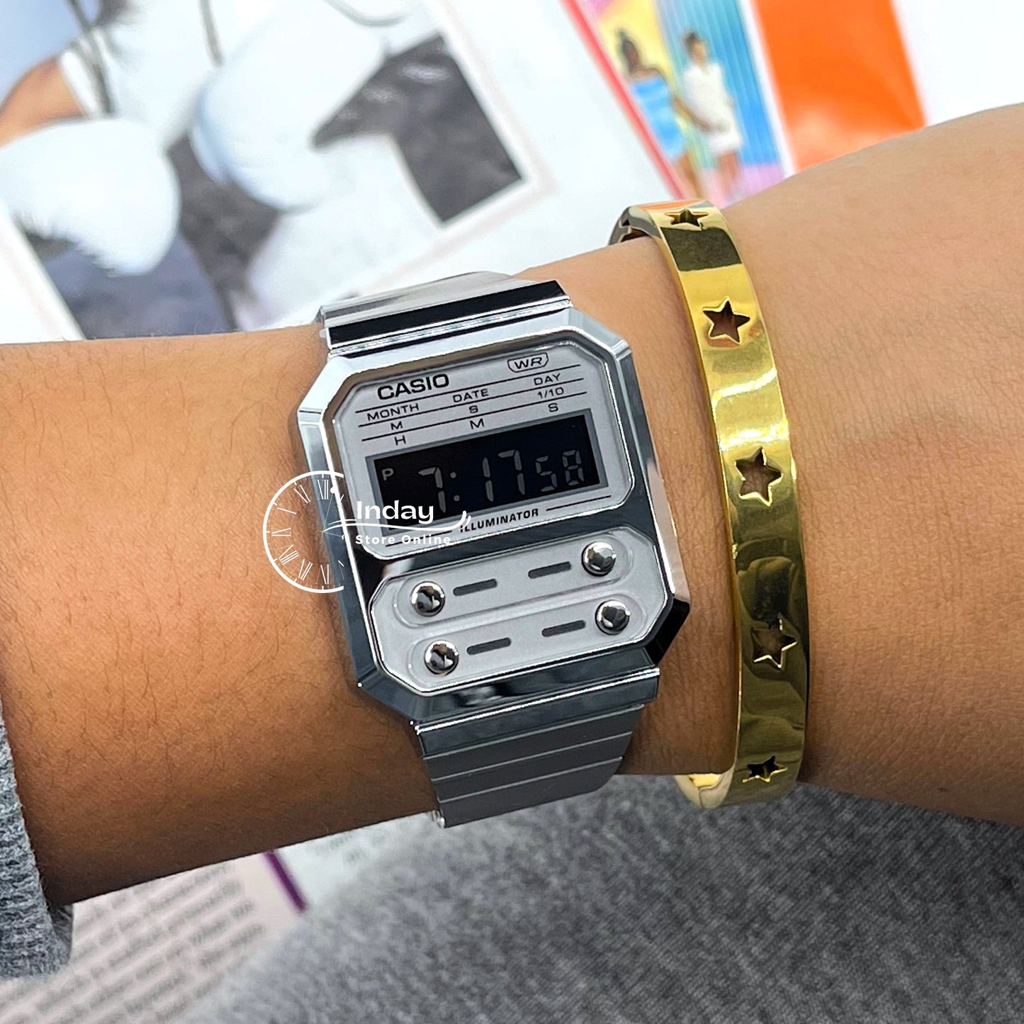 Casio Vintage Women's Watch A100WE-7B Resin Glass Stainless Steel Band Adjustable Clasp