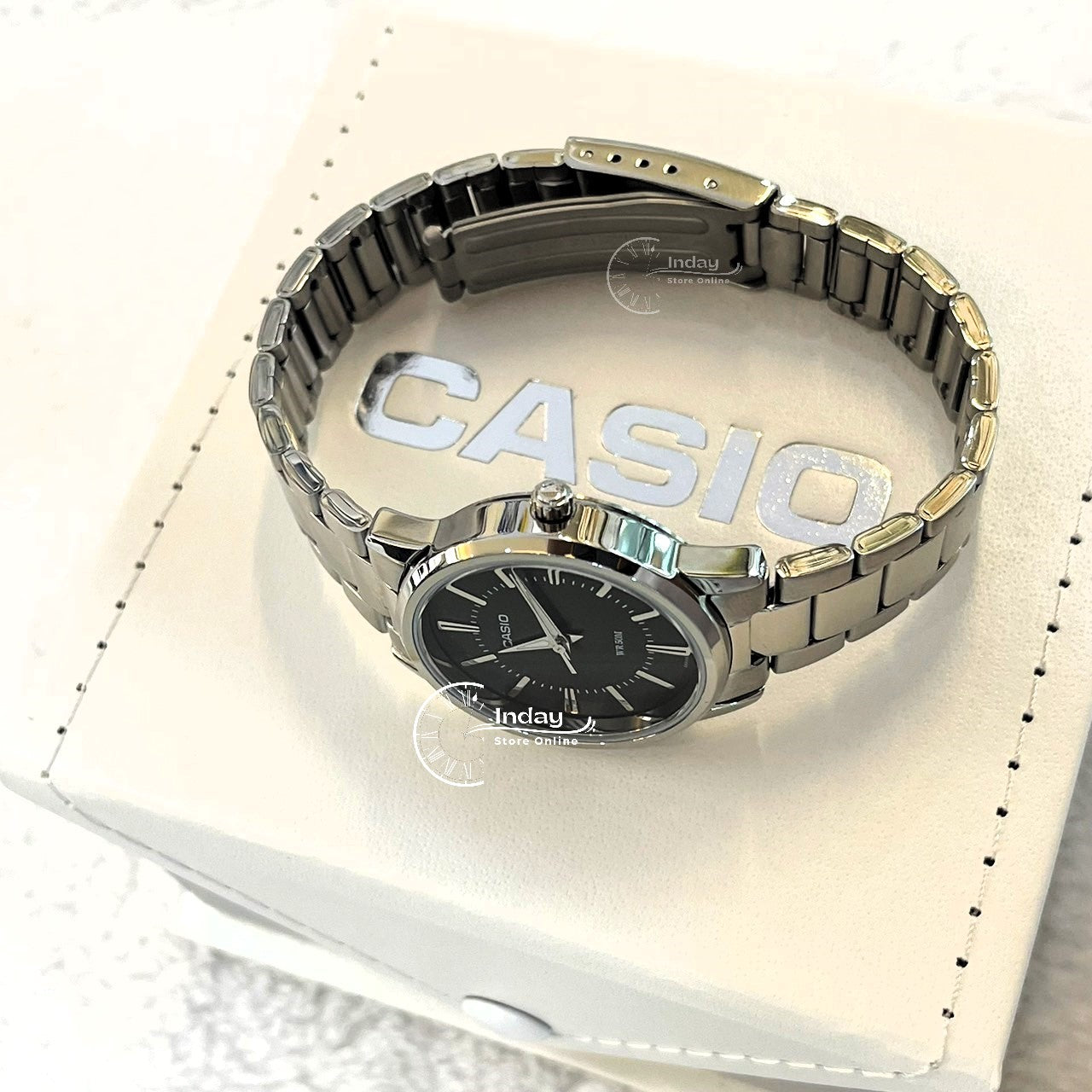 Casio Fashion Women's Watch LTP-1303D-1A Silver/Black Stainless Steel Band Mineral Glass Triple-fold Clasp