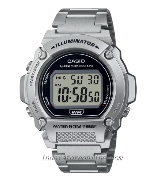 Casio Digital Men's Watch W-219HD-1A Sporty Design Silver Plated Stainless Steel Strap