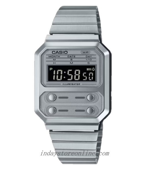 Casio Vintage Women's Watch A100WE-7B Resin Glass Stainless Steel Band Adjustable Clasp