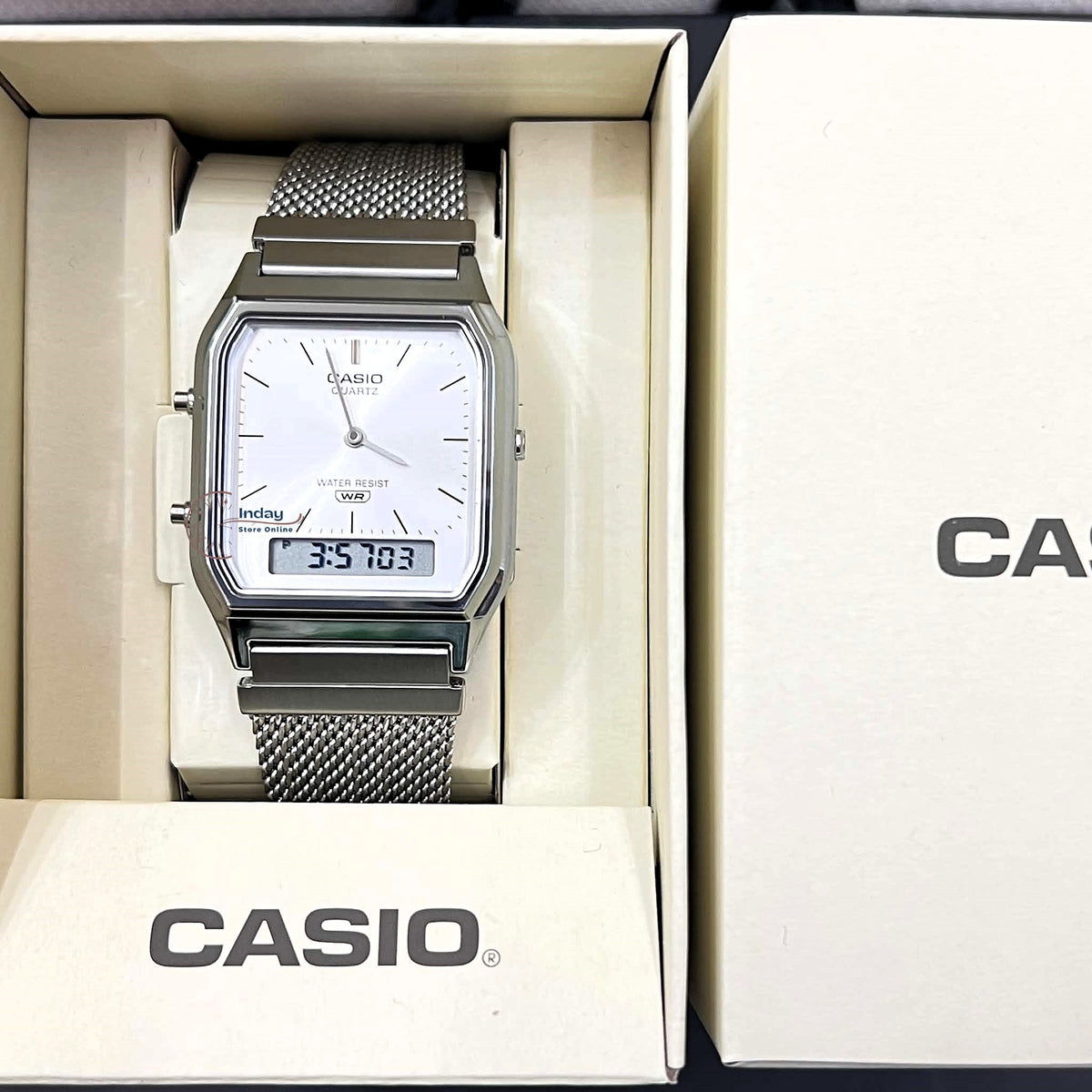 Casio Vintage Unisex Watch AQ-230EM-7A Resin Glass Stainless Steel Mesh Band
Adjustable Clasp Battery Life 3: Years