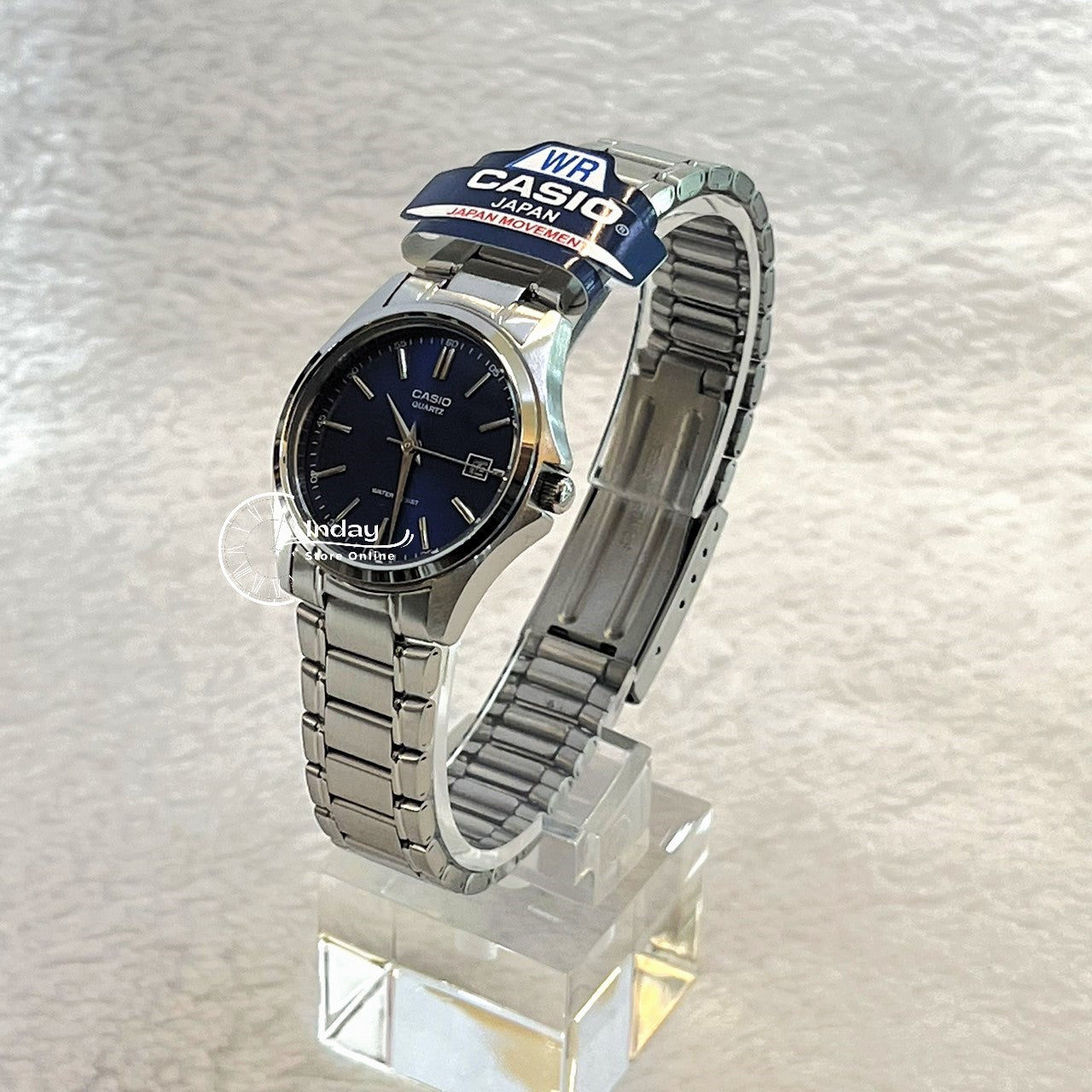 Casio Fashion Women's Watch LTP-1183A-2A Silver and Blue Stainless Steel Band Triple-fold Clasp Mineral Glass