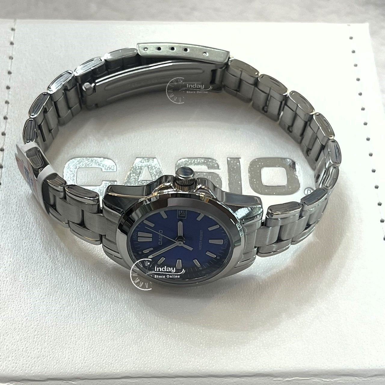 Casio Fashion Women's Watch LTP-1215A-2A2 Silver and Blue Stainless Steel Band Triple-fold Clasp Mineral Glass