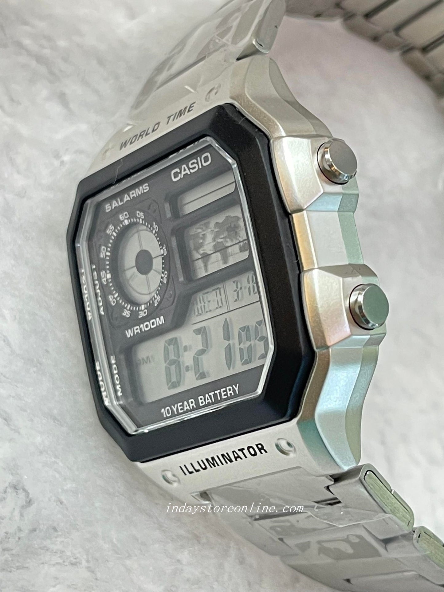Casio Digital Men's Watch AE-1200WHD-1A 10-Year Battery Life Silver Plated Stainless Steel Band