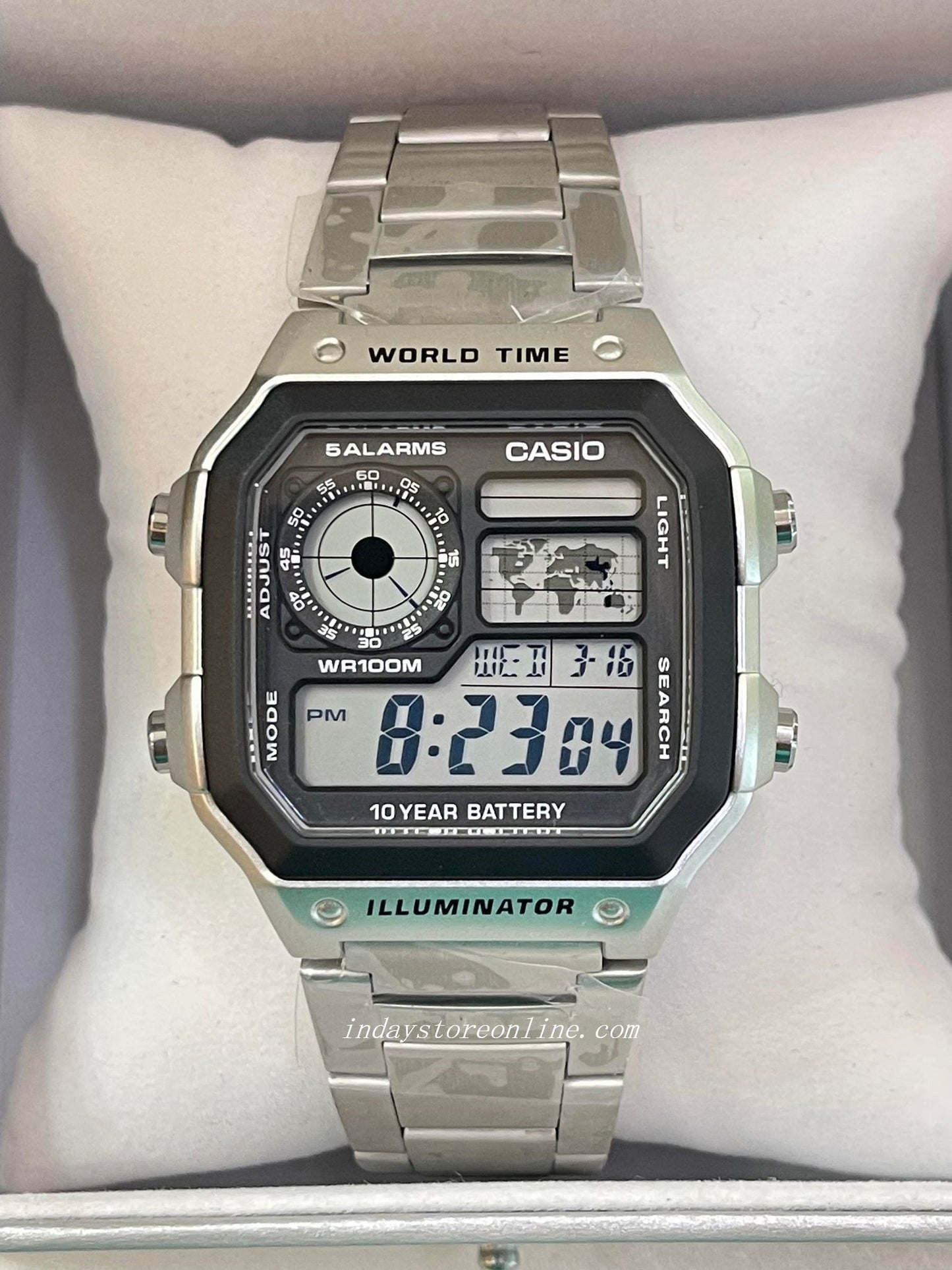 Casio Digital Men's Watch AE-1200WHD-1A 10-Year Battery Life Silver Plated Stainless Steel Band
