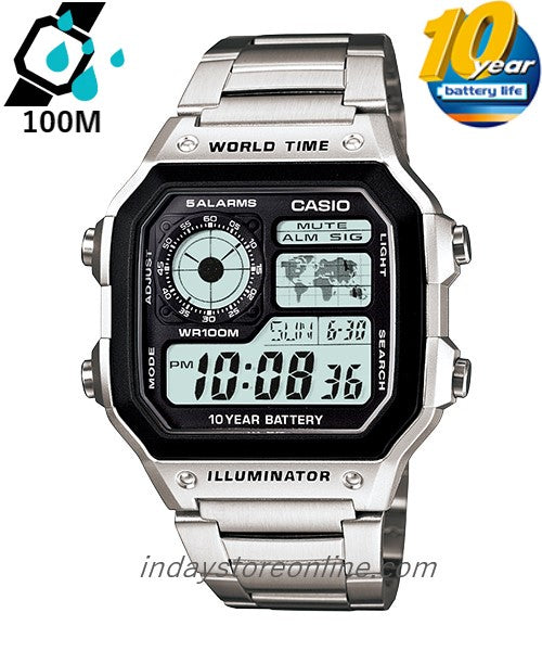 Casio Digital Men's Watch AE-1200WHD-1A 10-Year Battery Life Silver Plated Stainless Steel Band