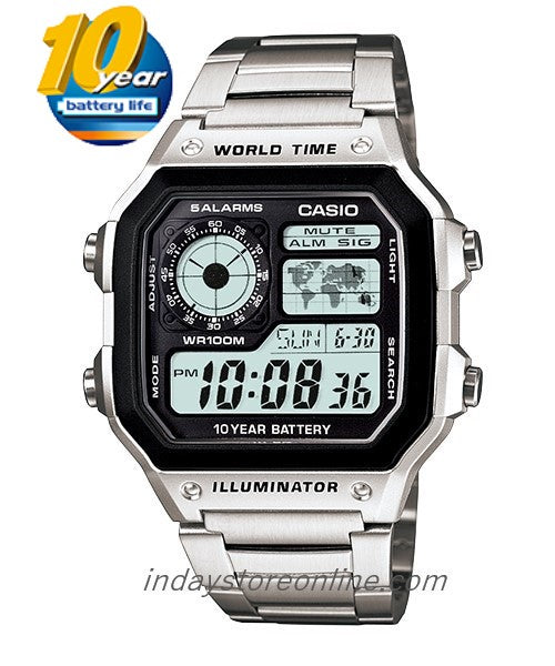 Casio Digital Men's Watch AE-1200WHD-1A 10-Year Battery Life Silver Plated Stainless Steel Band