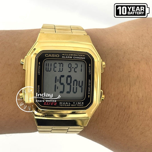 Casio Vintage Unisex Watch A178WGA-1A Gold Plated Stainless Steel Strap Self-adjustable Band