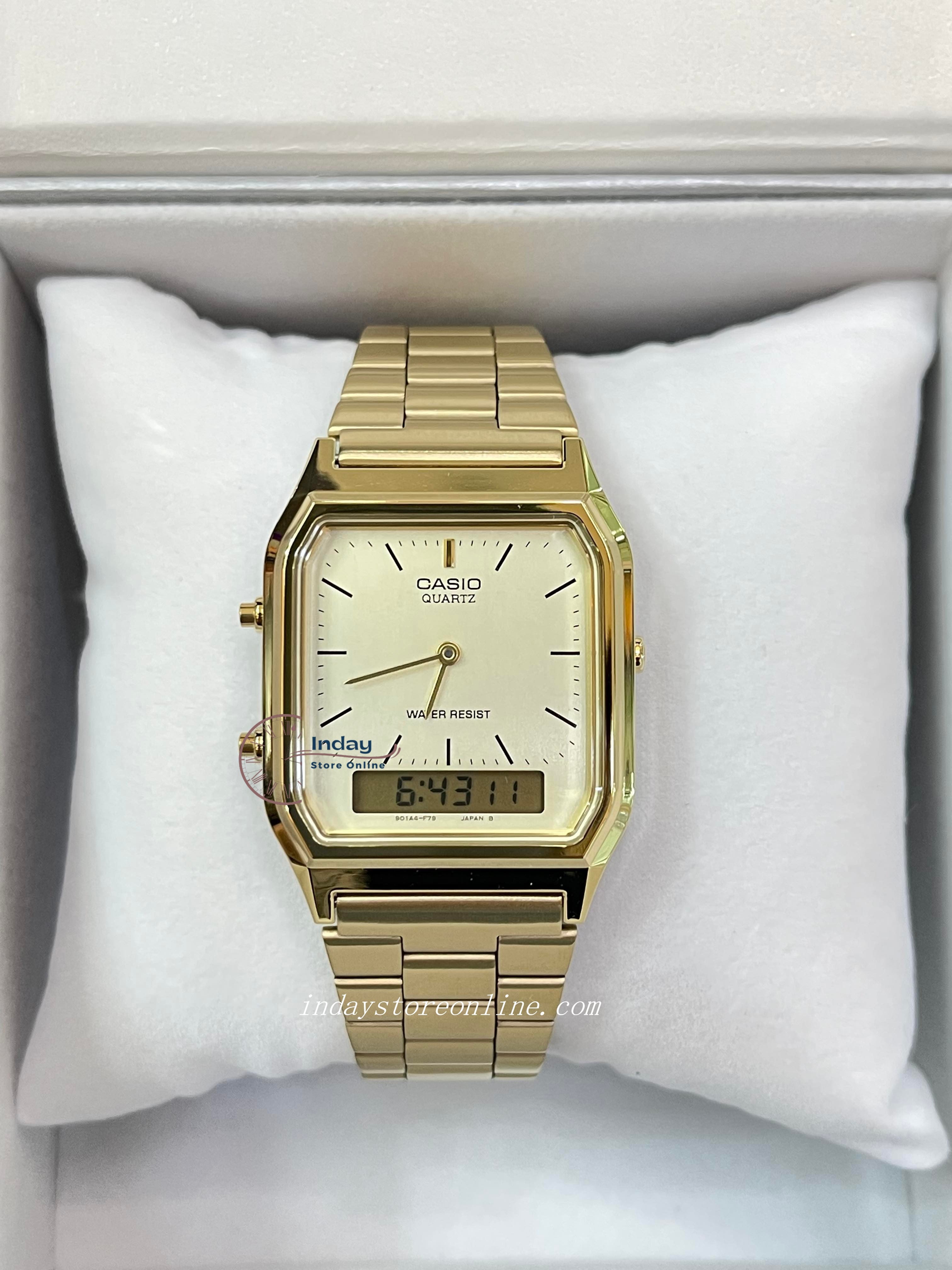 Casio AQ-230GA-9D Orologio Da Polso | Analogico-Digitale Con Cronometro | Cinturino In Acciaio Inox | Doppio Fuso Orario E Sveglia