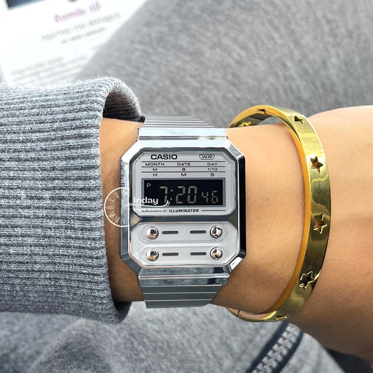 Casio Vintage Women's Watch A100WE-7B Resin Glass Stainless Steel Band Adjustable Clasp