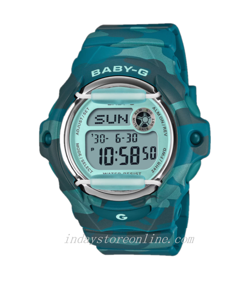 Casio Baby-G Digital Watch BG-169CM-2 Mineral Glass Resin Band Shock Resistant Blue Green Camouflage Color Battery Life: 3 Years