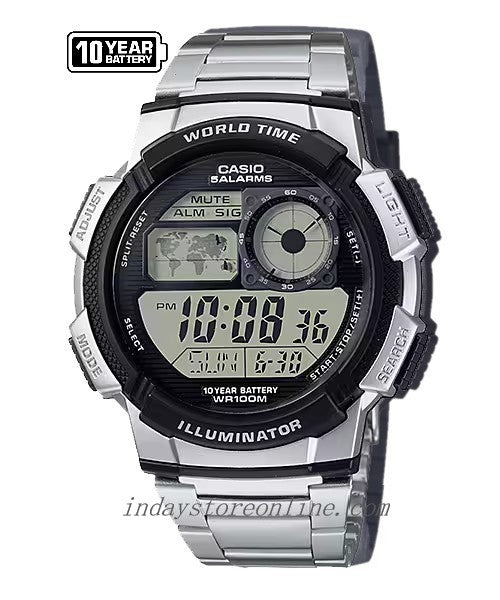 Casio Digital Men's Watch AE-1000WD-1A Mineral Glass Stainless Steel Band Battery Life 10 years