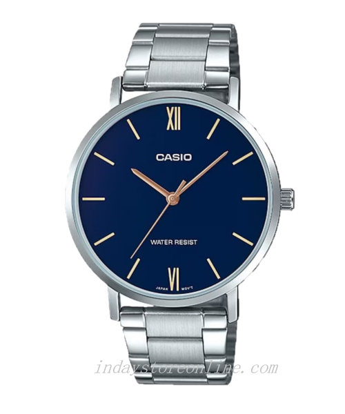 Casio Standard Men's Watch MTP-VT01D-2B Analog Stainless Steel Band Triple-fold Clasp Mineral Glass