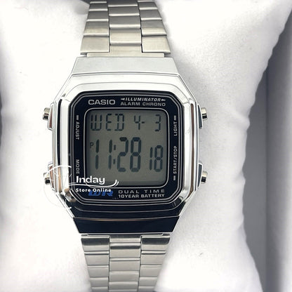 Casio Vintage Unisex Watch A178WA-1A Resin Glass Adjustable Clasp Stainless Steel Band Battery Life 10-Years