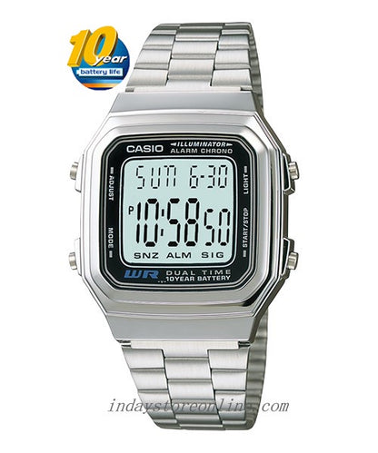 Casio Vintage Unisex Watch A178WA-1A Resin Glass Adjustable Clasp Stainless Steel Band Battery Life 10-Years
