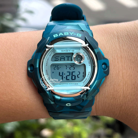 Casio Baby-G Digital Watch BG-169CM-2 Mineral Glass Resin Band Shock Resistant Blue Green Camouflage Color Battery Life: 3 Years