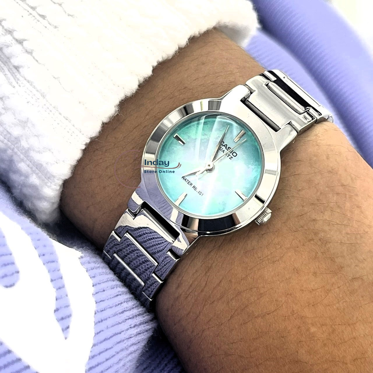 Casio Fashion Women's Watch LTP-1191A-3C Silver/Green Stainless Steel Band