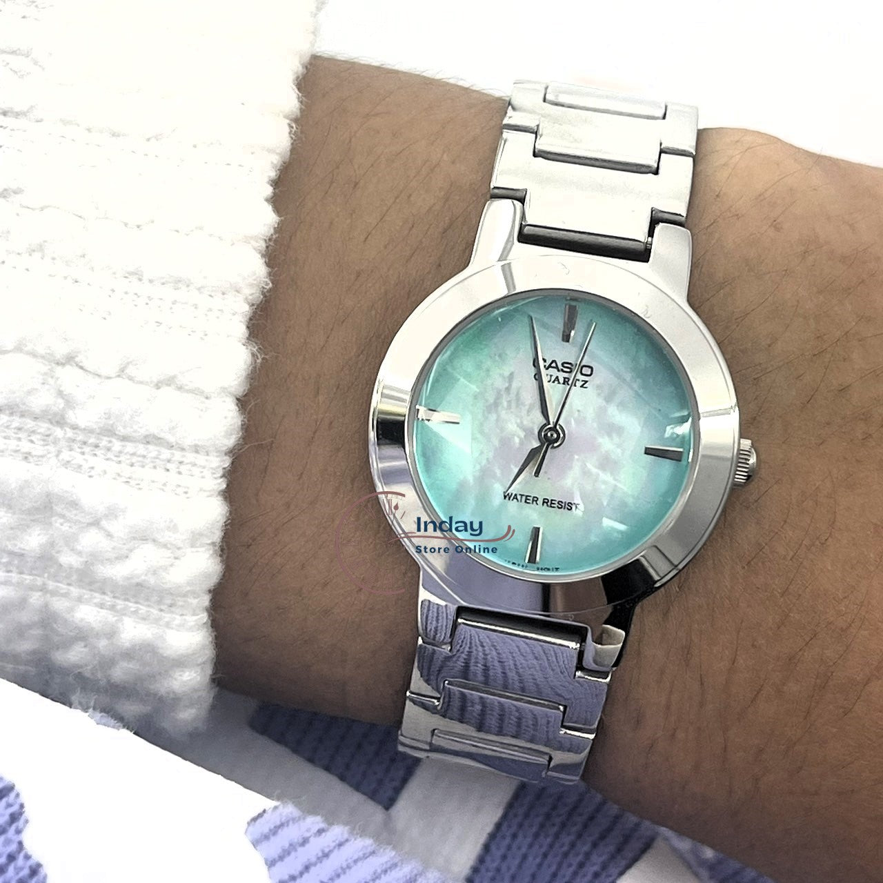 Casio Fashion Women's Watch LTP-1191A-3C Silver/Green Stainless Steel Band
