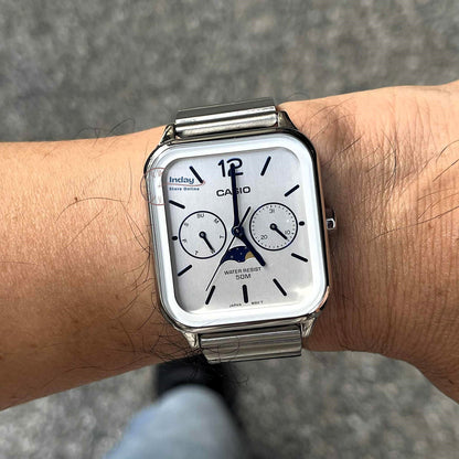 Casio Standard Unisex Watch MTP-M305D-7A Mineral Glass Moon phase Stainless Steel Band