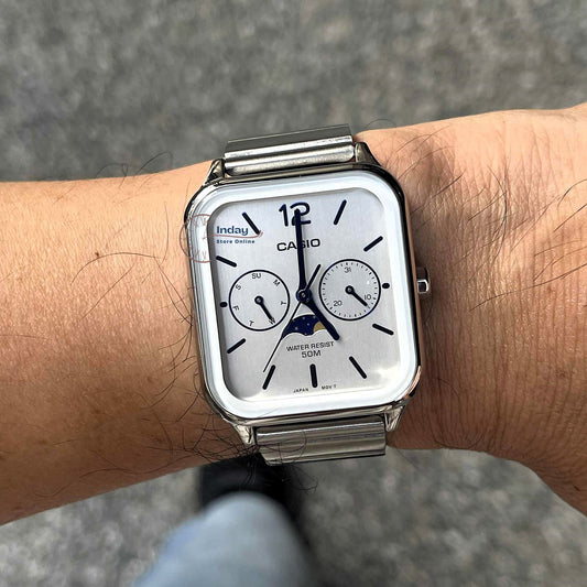 Casio Standard Unisex Watch MTP-M305D-7A Mineral Glass Moon phase Stainless Steel Band