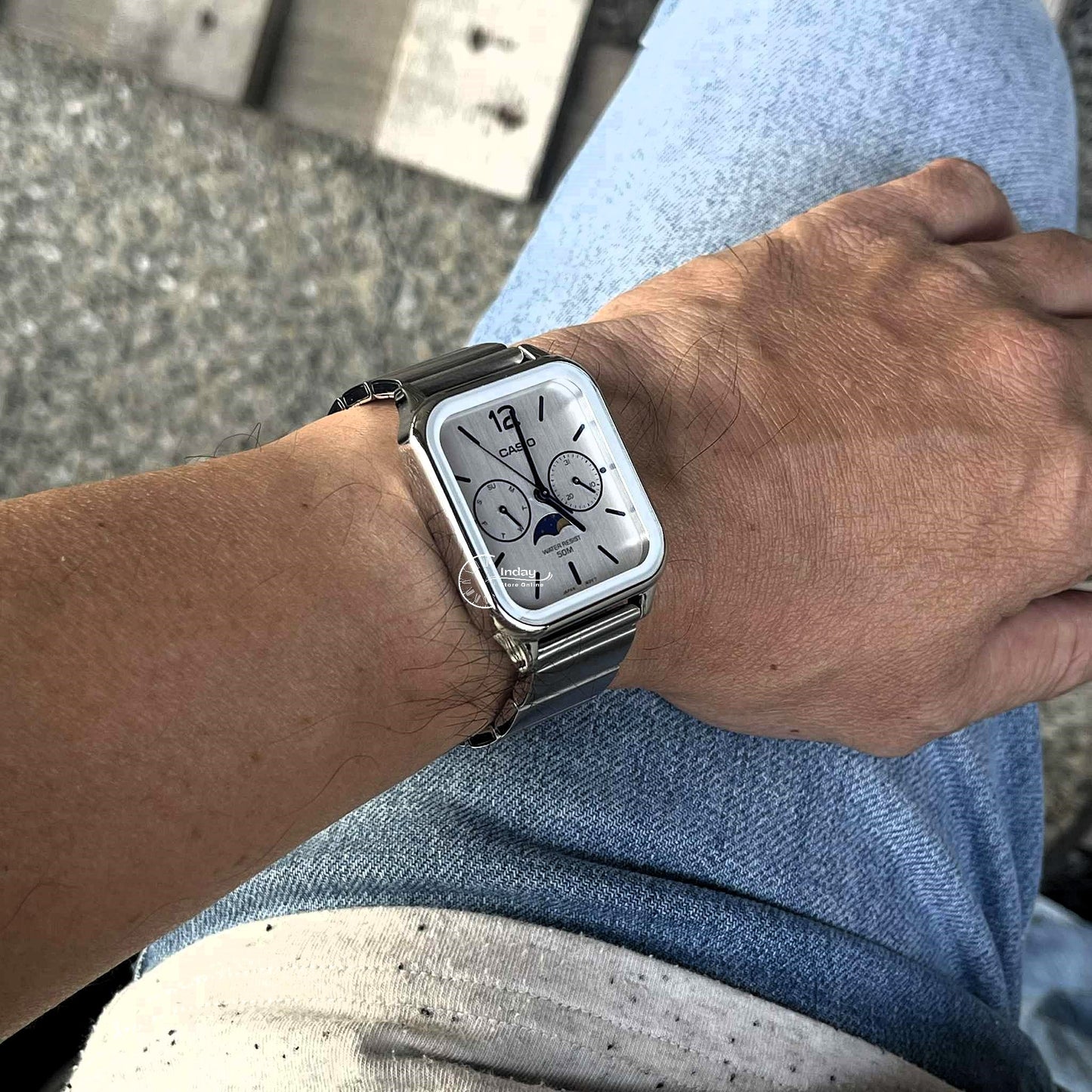 Casio Standard Unisex Watch MTP-M305D-7A Mineral Glass Moon phase Stainless Steel Band