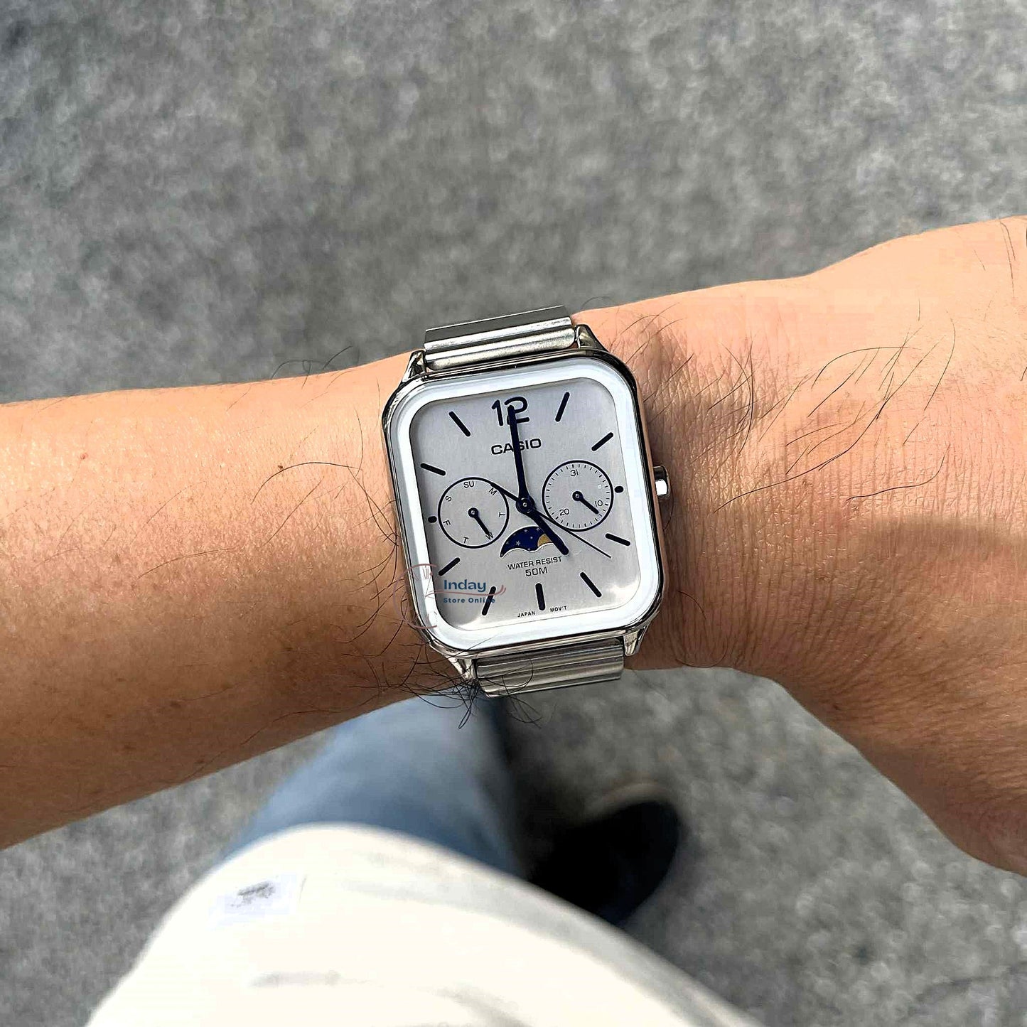 Casio Standard Unisex Watch MTP-M305D-7A Mineral Glass Moon phase Stainless Steel Band