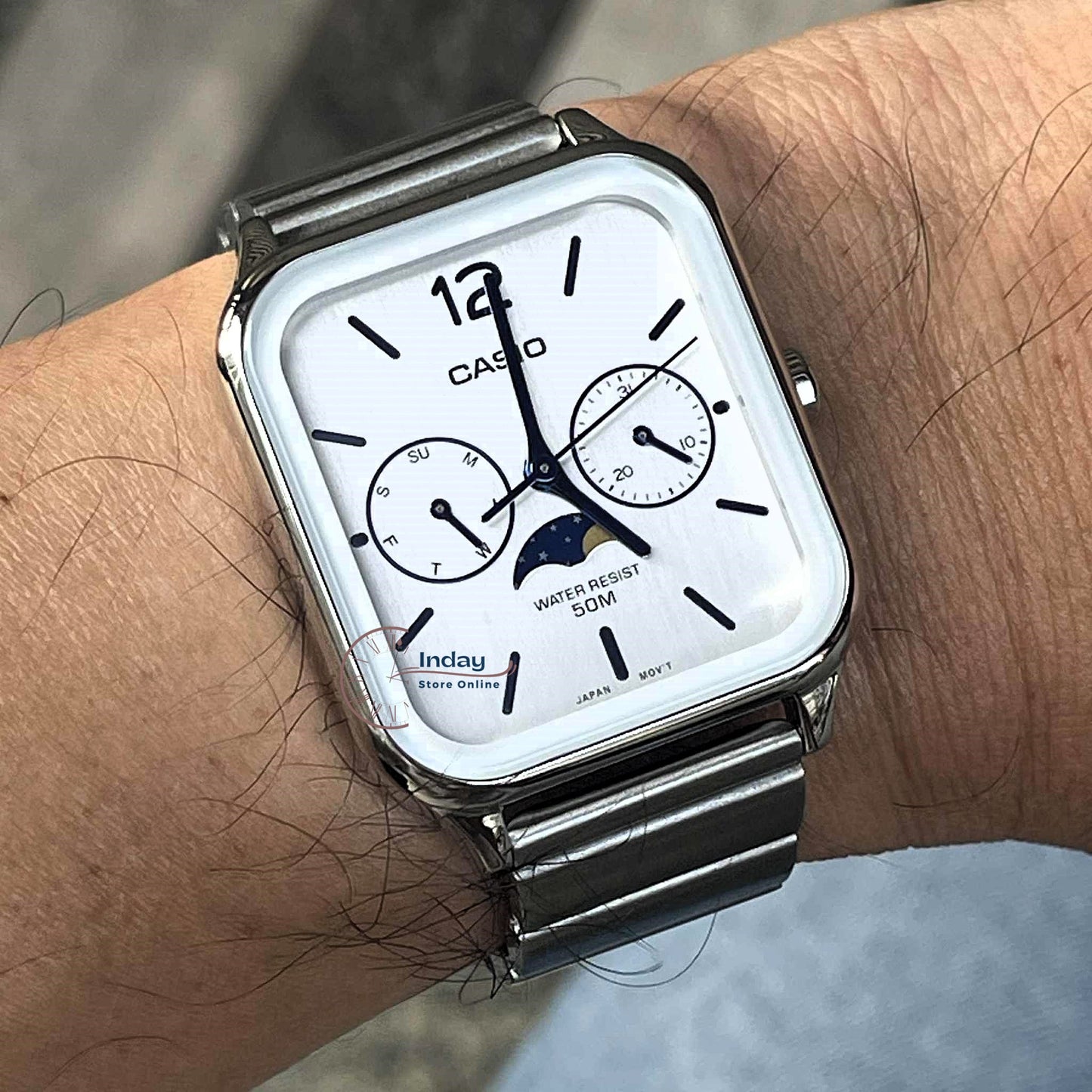 Casio Standard Unisex Watch MTP-M305D-7A Mineral Glass Moon phase Stainless Steel Band