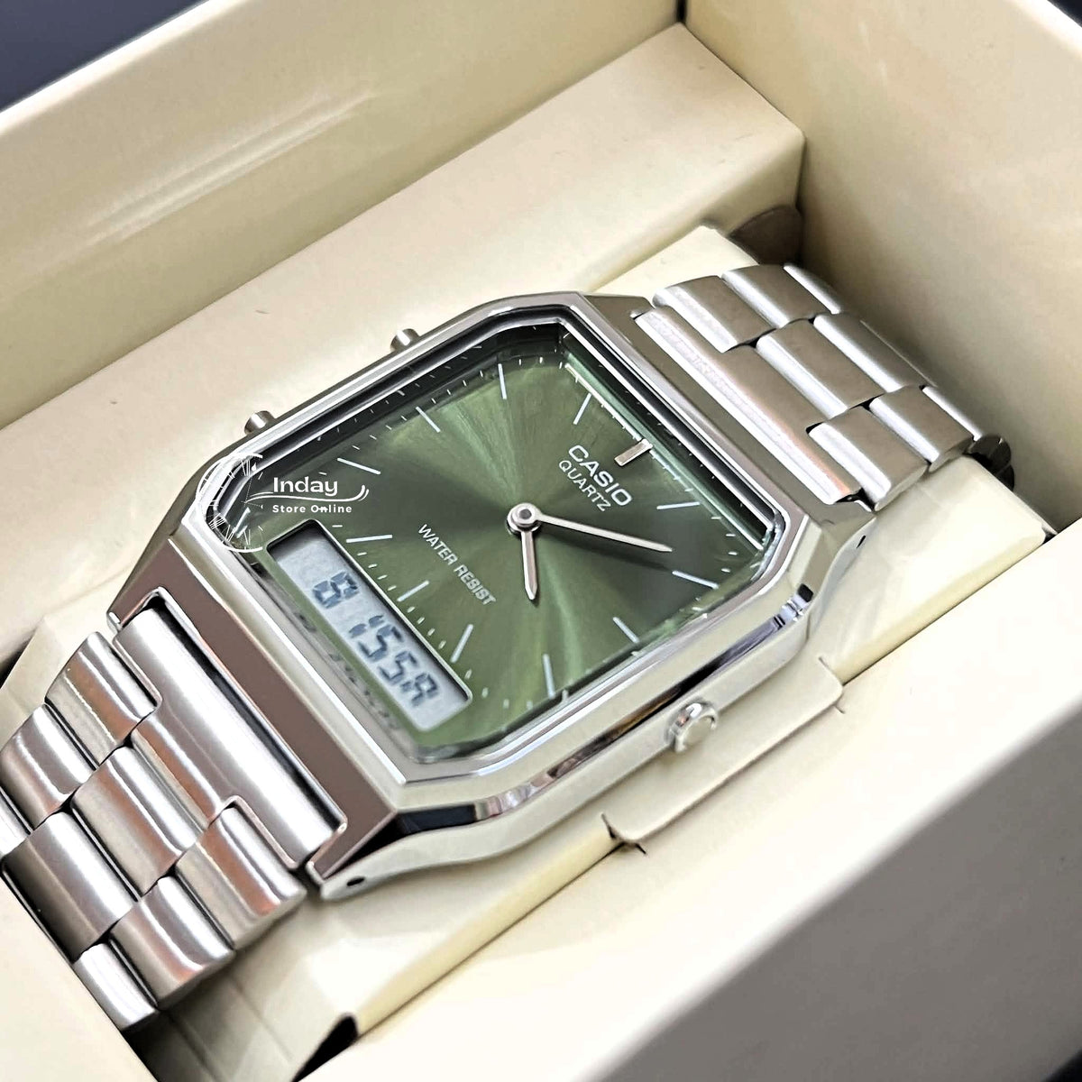 Casio Vintage Unisex Watch AQ-230A-3AMQY Resin Glass Stainless Steel Band Adjustable Clasp Battery Life 3: Years
