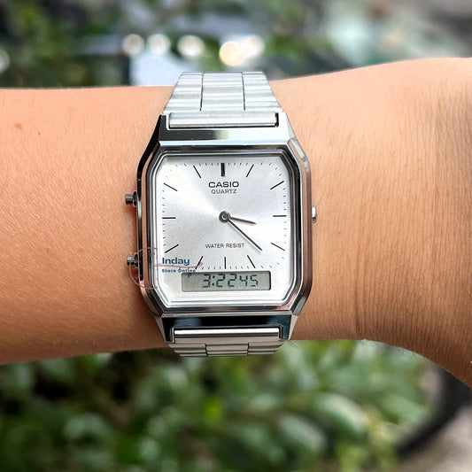 Casio Vintage Unisex Watch AQ-230A-7AMQY Resin Glass Stainless Steel Band Adjustable Clasp Battery Life 3: Years