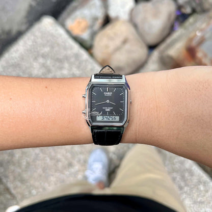Casio Vintage Unisex Watch AQ-230EL-1A Resin Glass Genuine Leather Band Battery Life 3 Years