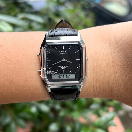 Casio Vintage Unisex Watch AQ-230EL-1A Resin Glass Genuine Leather Band Battery Life 3 Years