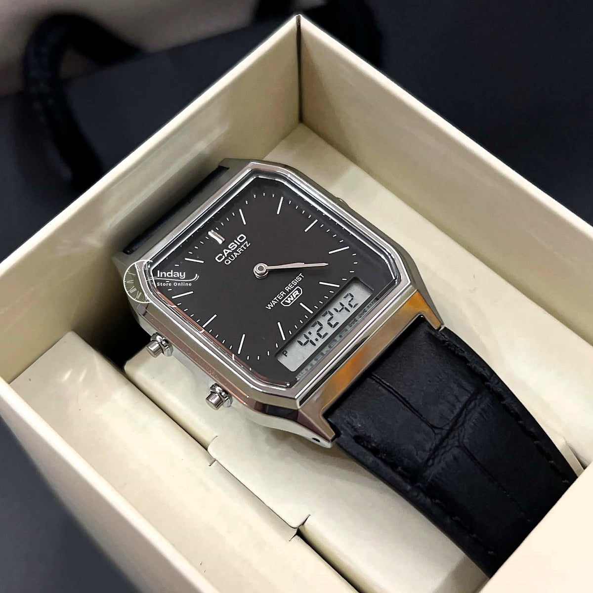 Casio Vintage Unisex Watch AQ-230EL-1A Resin Glass Genuine Leather Band Battery Life 3 Years