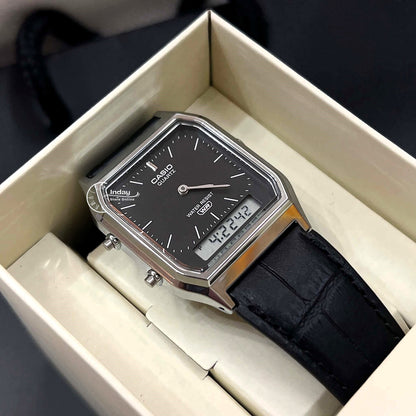 Casio Vintage Unisex Watch AQ-230EL-1A Resin Glass Genuine Leather Band Battery Life 3 Years