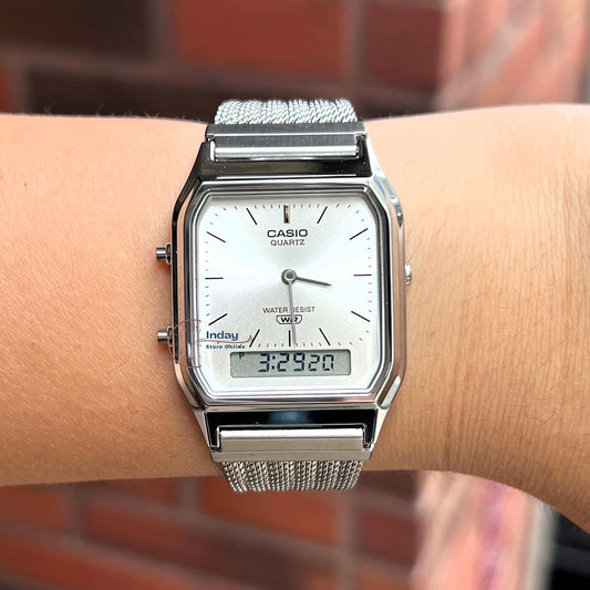 Casio Vintage Unisex Watch AQ-230EM-7A Resin Glass Stainless Steel Mesh Band
Adjustable Clasp Battery Life 3: Years