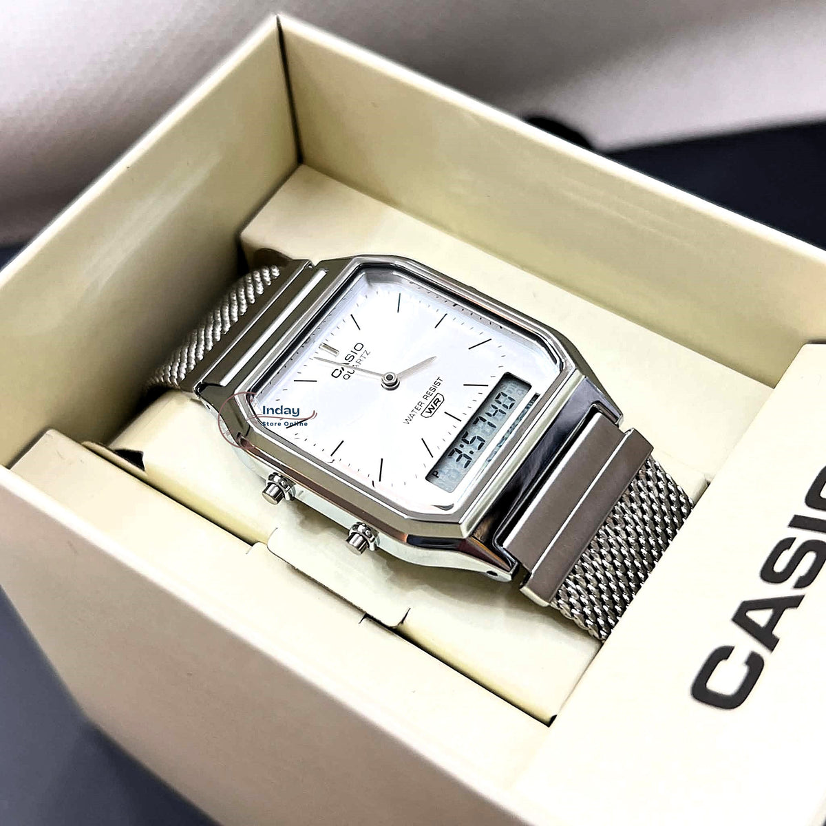 Casio Vintage Unisex Watch AQ-230EM-7A Resin Glass Stainless Steel Mesh Band
Adjustable Clasp Battery Life 3: Years