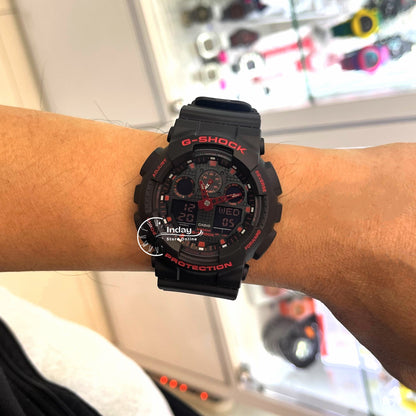 Casio G-Shock Men's Watch GA-100BNR-1A Analog-Digital GA-100 Series Black and Fiery Red Ignite Red Line