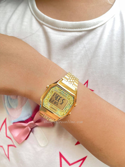 Casio Vintage Women's Watch LA680WGA-9C Floral Design Gold Plated Stainless Steel Strap Self-adjustable Band