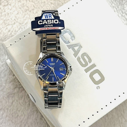 Casio Fashion Women's Watch LTP-1183A-2A Silver and Blue Stainless Steel Band Triple-fold Clasp Mineral Glass