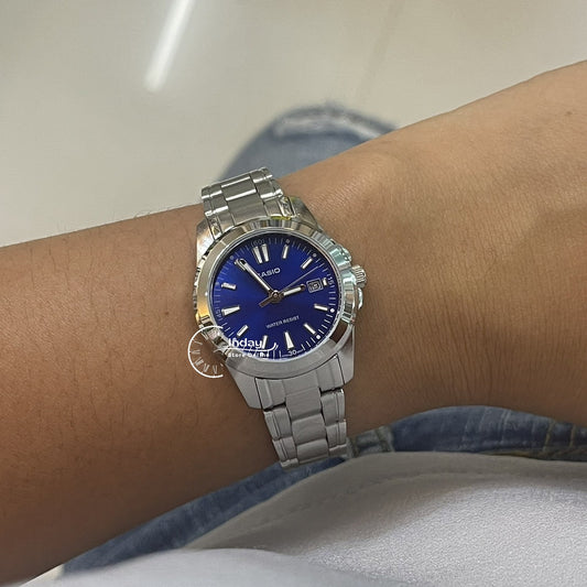 Casio Fashion Women's Watch LTP-1215A-2A2 Silver and Blue Stainless Steel Band Triple-fold Clasp Mineral Glass