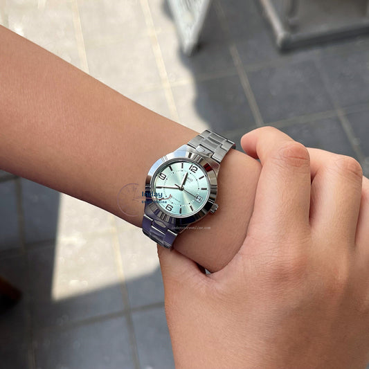 Casio Fashion Women's Watch LTP-1241D-3A Silver/Green Stainless Steel Band Mineral Glass