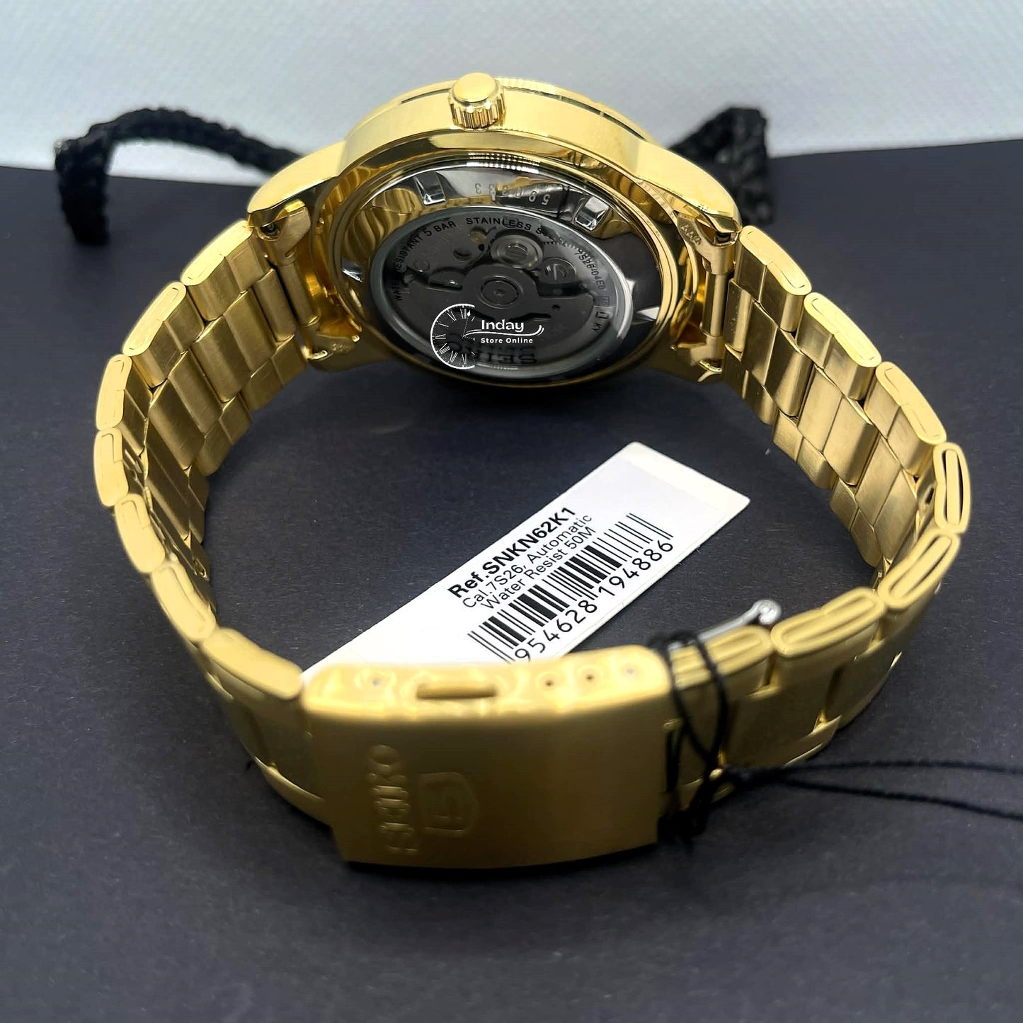 Seiko 5 Automatic Men's Watch SNKN62K1 Caliber 7S26 21 Jewels Hardlex Crystal Luminous Stainless Steel Band 43mm
