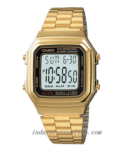 Casio Vintage Unisex Watch A178WGA-1A Gold Plated Stainless Steel Strap Self-adjustable Band