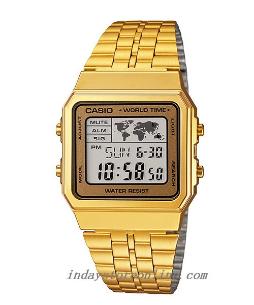 Casio Vintage Unisex Watch A500WGA-9 Gold Plated Stainless Steel Strap Self-adjustable Band