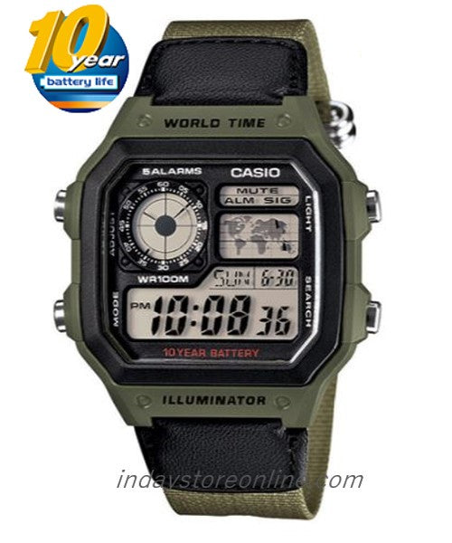 Casio Digital Men's Watch AE-1200WHB-3B Digital Green Color Cloth Band Resin Glass