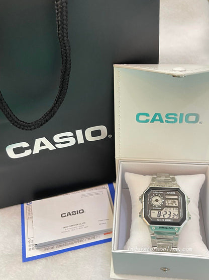 Casio Digital Men's Watch AE-1200WHD-1A  10-Year Battery Life Silver Plated Stainless Steel Band