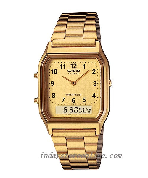 Casio Vintage Unisex Watch AQ-230GA-9B Gold Plated Stainless Steel Self-adjustable Band